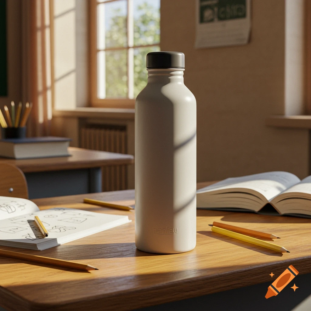 A beige water bottle stands on a wooden school desk, surrounded by open books, pencils, and a sunlit window in a classroom.