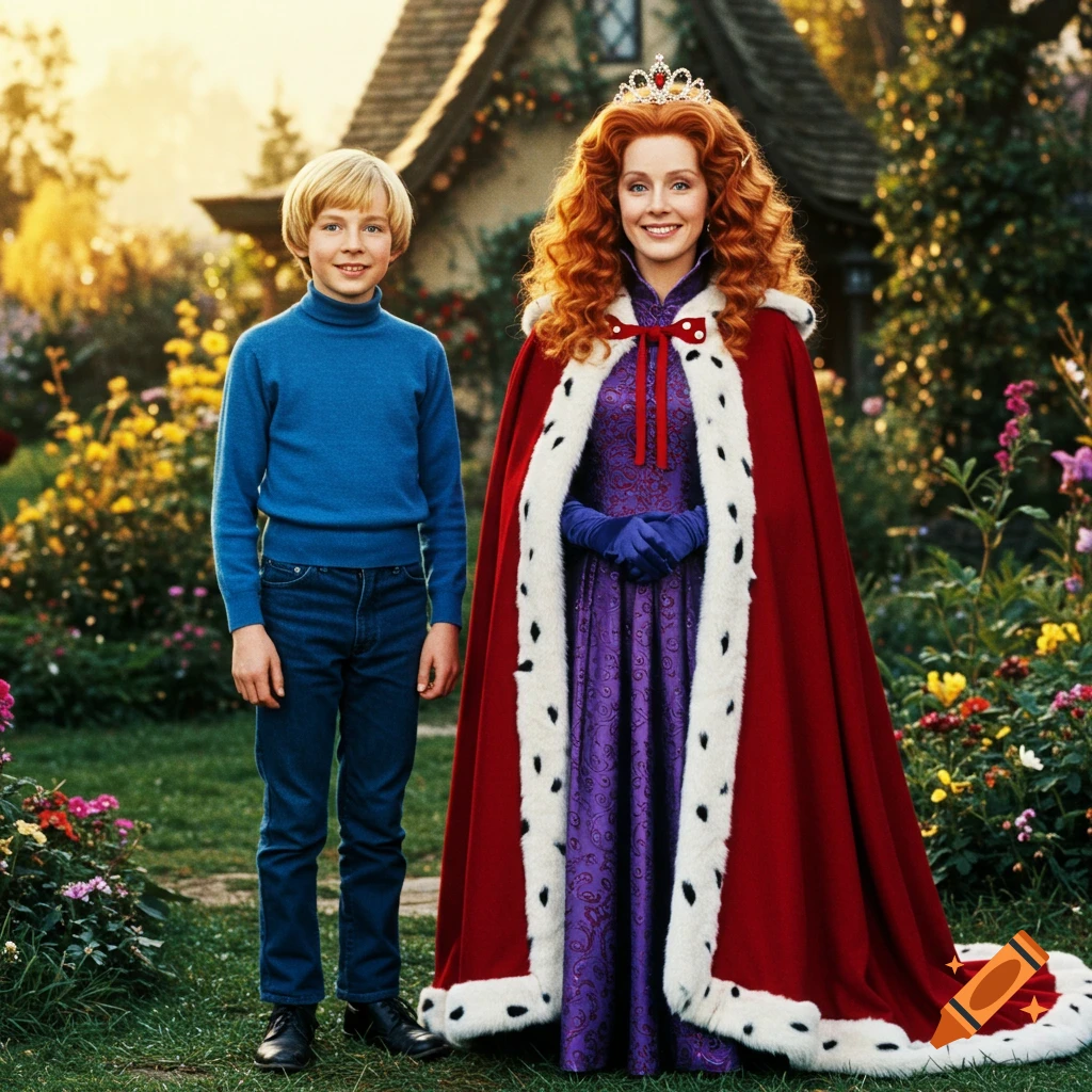 A blonde boy in a blue turtleneck stands next to a red-haired woman in a red queen's cloak, tiara, and purple dress, smiling outdoors in a garden.