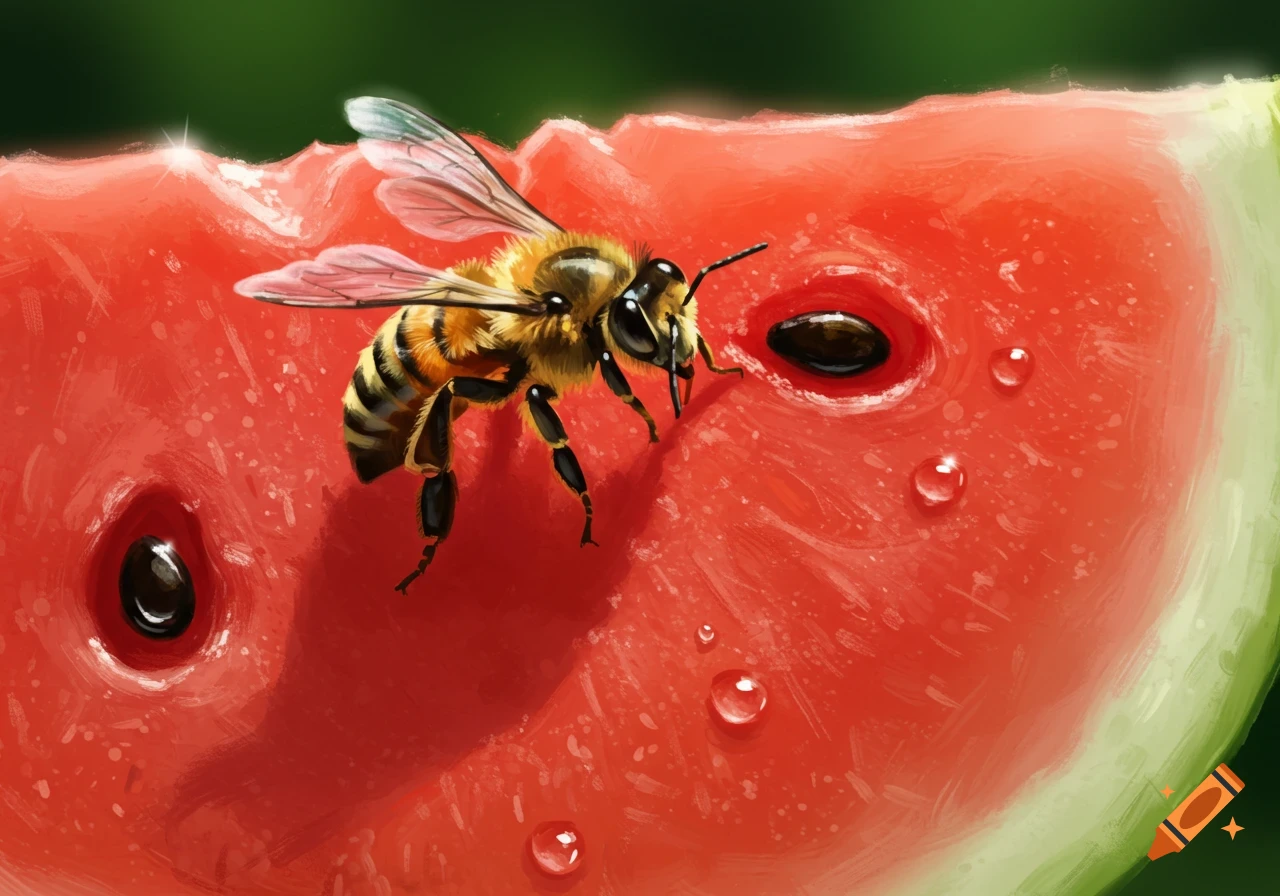 A detailed digital painting of a honeybee resting on a vibrant red slice of watermelon with black seeds and water droplets.
