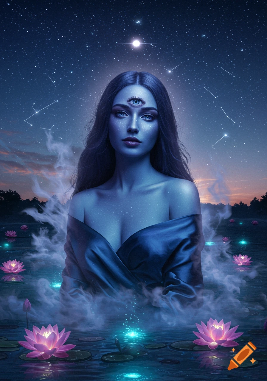 Mystical woman with a third eye on her forehead emerging from misty water with glowing lotus flowers under a starry night sky with constellations.