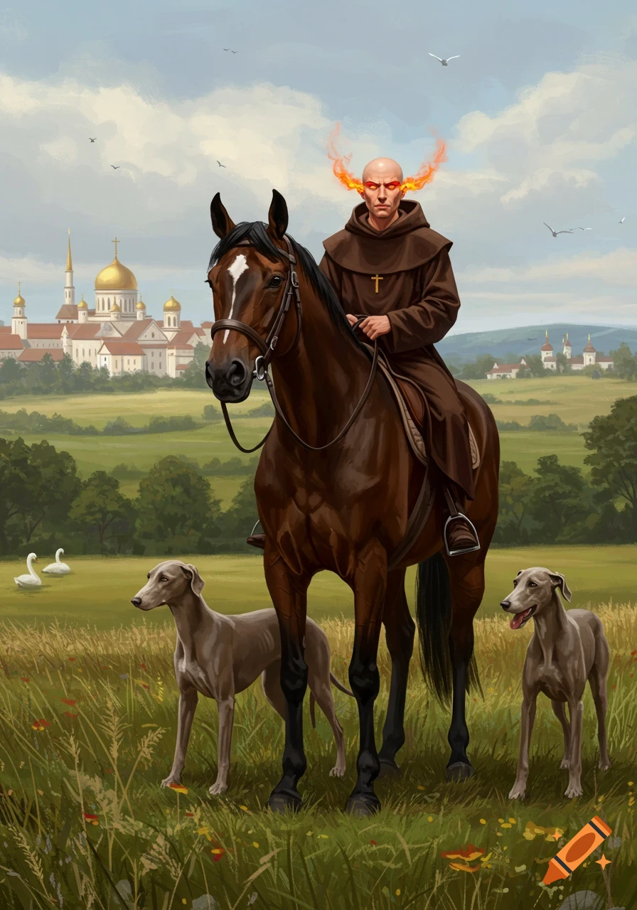 An illustration of a bald monk with fiery eyes riding a brown horse, with two greyhounds, in a grassy field with a monastery.