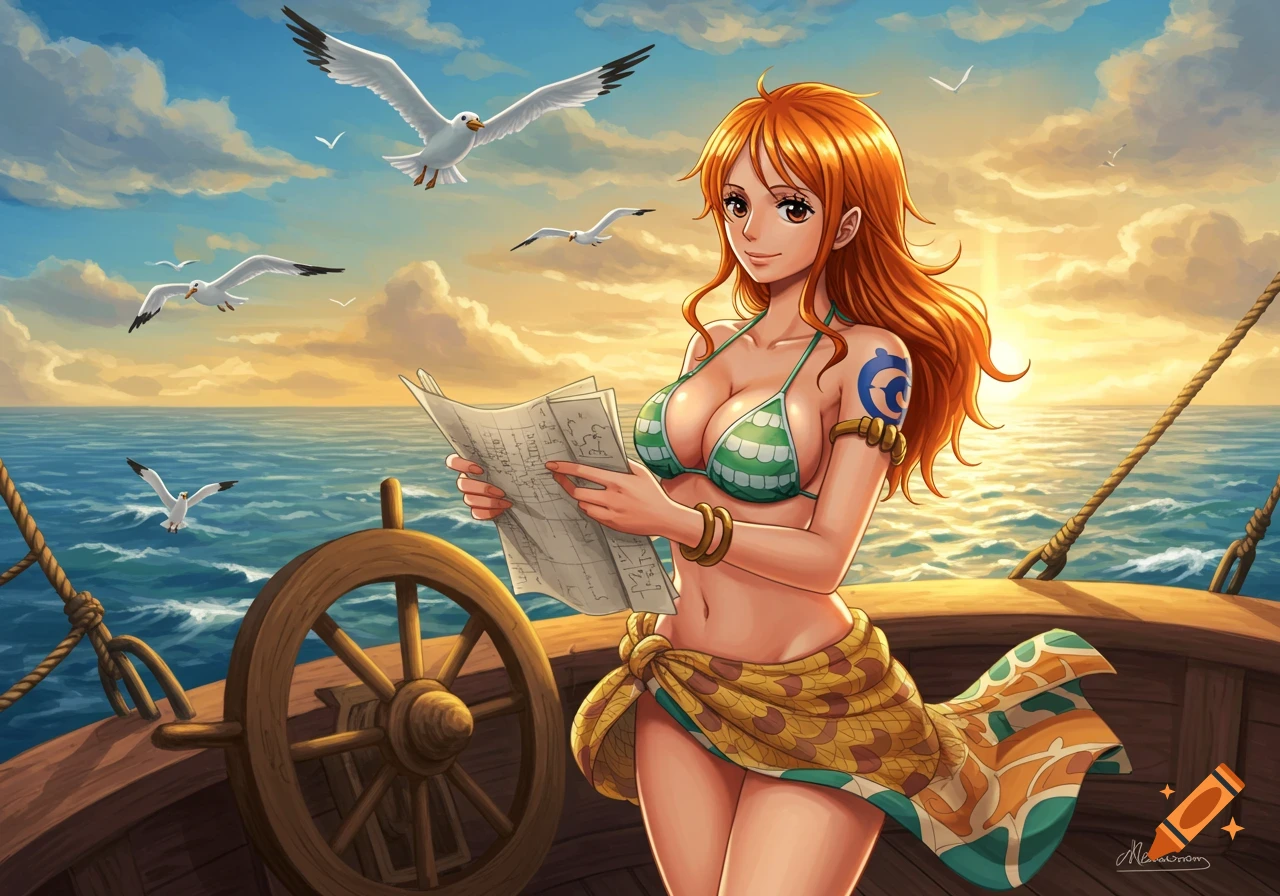 Anime style illustration of Nami from One Piece on a ship, reading a map against an ocean sunset with seagulls.