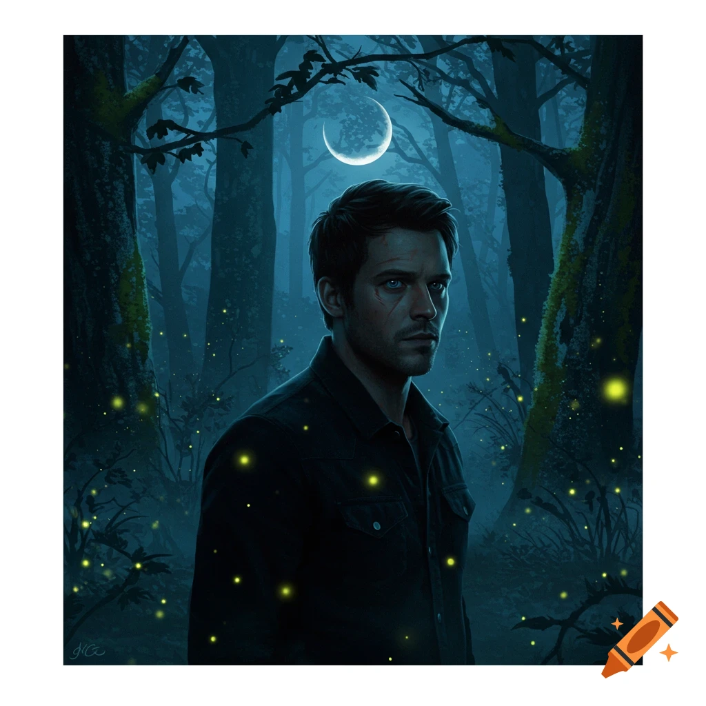 A portrait of a man with blue eyes and scars in a dark forest at night with a crescent moon and glowing fireflies, digital art.
