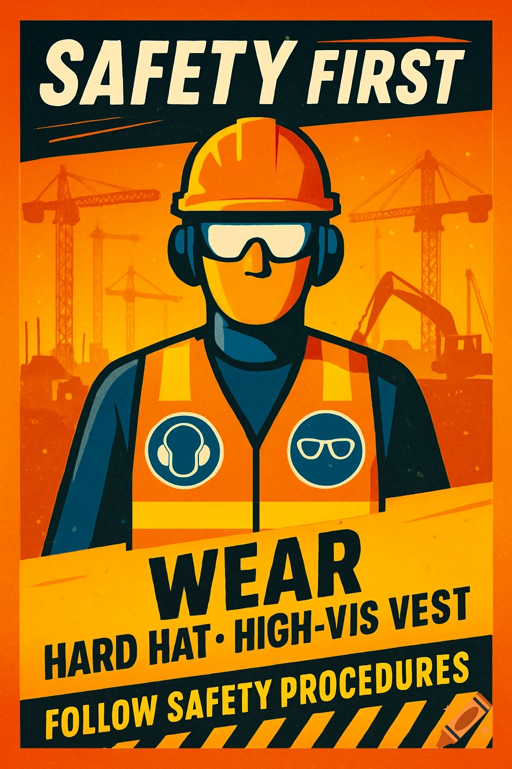 Retro-style safety poster depicting a construction worker in a hard hat and high-vis vest with "SAFETY FIRST" text.
