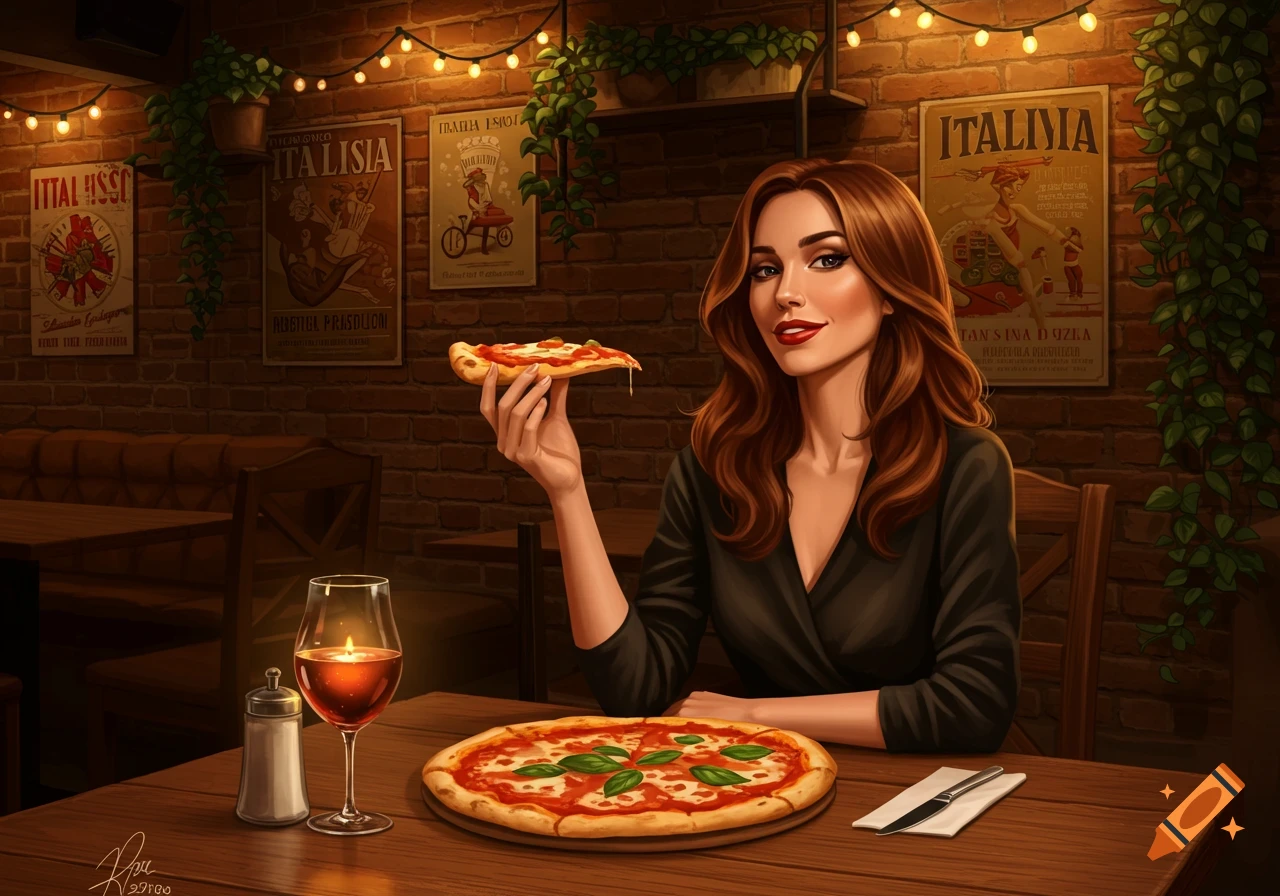 A smiling woman with long brown hair holds a slice of pizza at a table in a dimly lit restaurant.