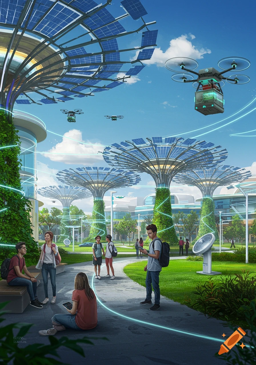 Students walk and sit in a futuristic park with large solar panel trees, while delivery drones fly overhead.