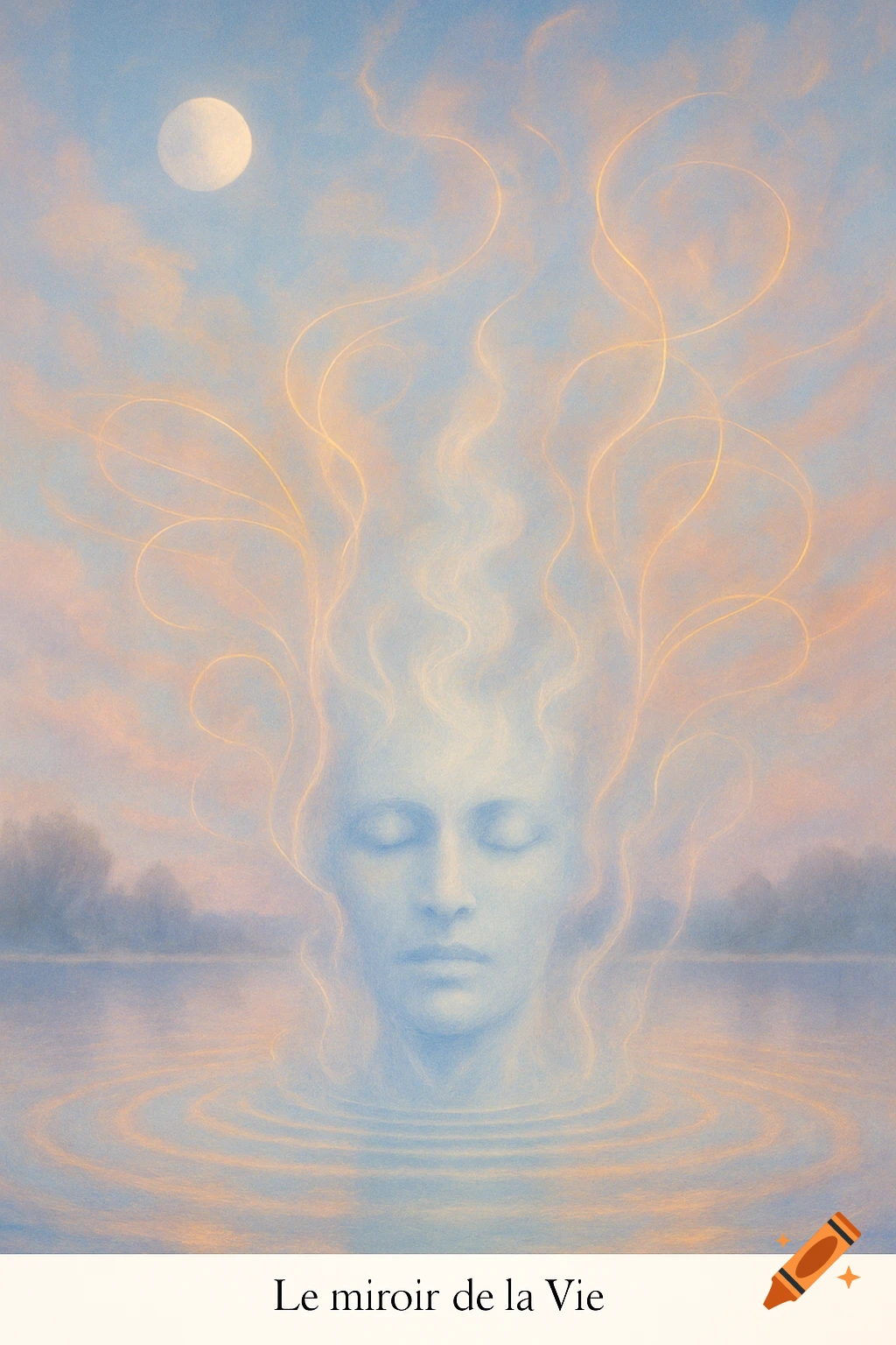 A serene, ethereal blue face emerges from water with glowing wavy lines and a full moon in a soft pastel sky, painting.