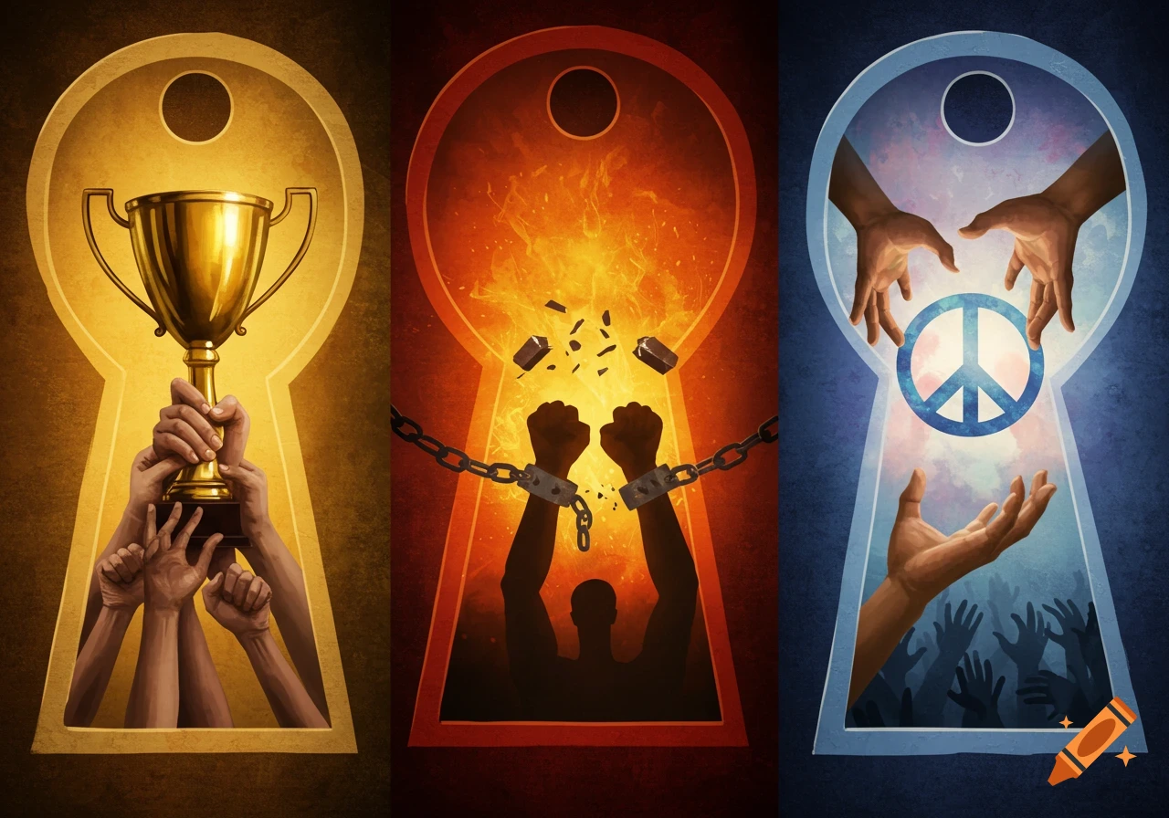 Three keyhole-shaped windows. The first shows hands holding a golden trophy. The second shows hands breaking chains amidst fire. The third shows hands reaching for a peace symbol.