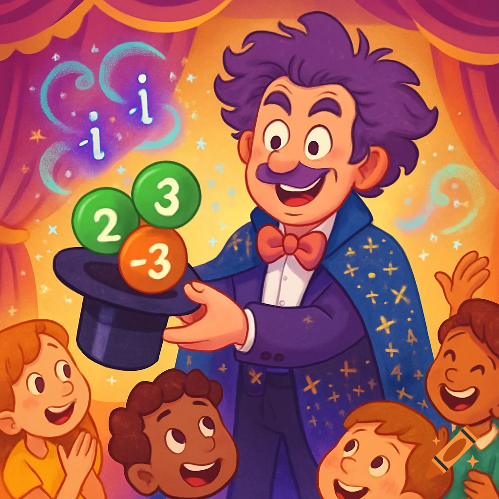 A cartoon magician with purple hair and a sparkly cape performs magic for excited children, conjuring numbers and 'i' symbols.