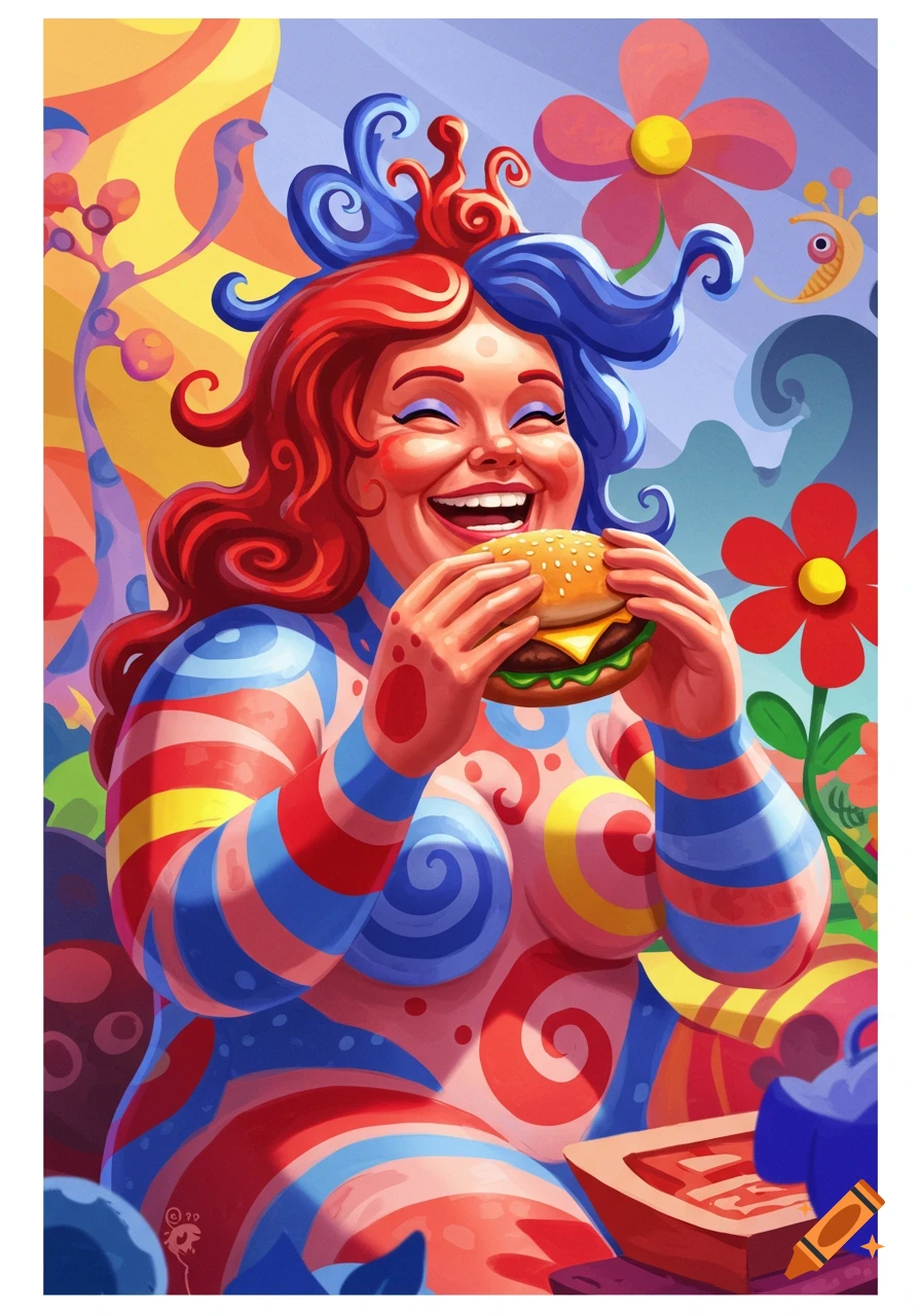 Vibrant, Niki de Saint Phalle-inspired illustration of a joyful woman with red and blue hair, laughing while eating a hamburger.