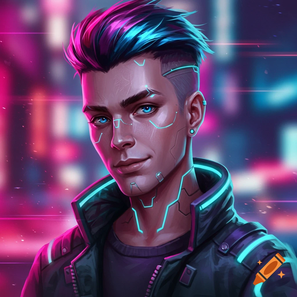 Digital illustration of a cyberpunk young man with blue eyes, pink and blue hair, glowing lines on his face and jacket, against a neon city background.