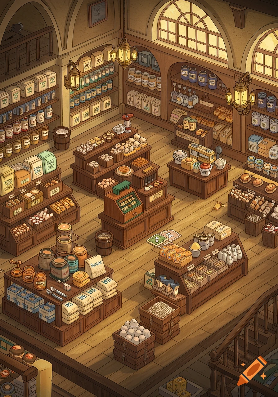 An isometric cartoon illustration of a bustling general store from a board game, with shelves of various products like flour, sugar, eggs, and a cash register.