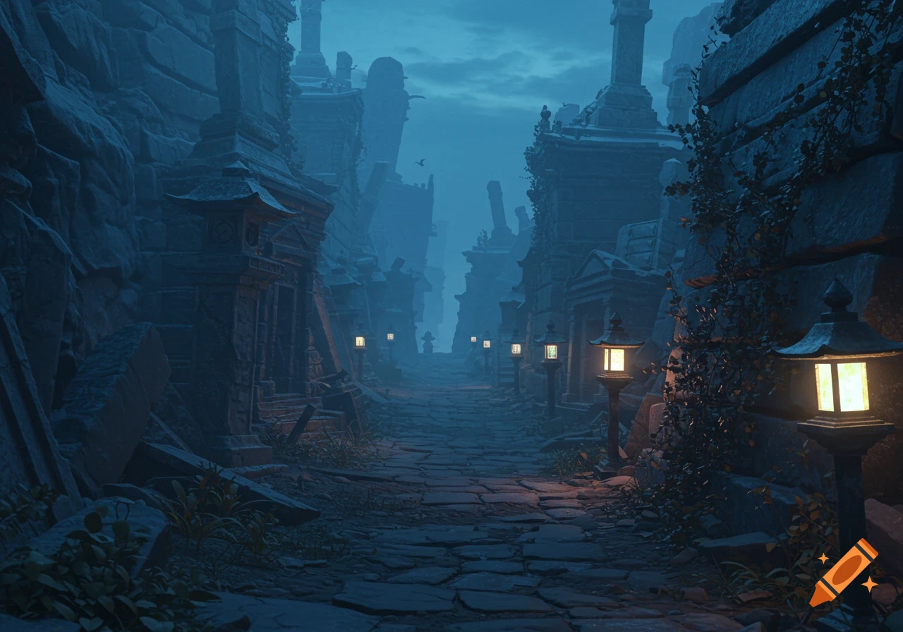 A dark, misty path winds through an ancient valley filled with crumbling stone crypts and ruins under a twilight sky, lit by glowing lanterns.
