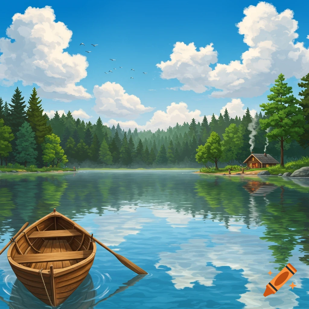 A wooden rowboat floats on a calm lake, reflecting a bright blue sky with white clouds. A forest lines the far shore, with a small cabin emitting smoke from its chimney nestled among the trees.