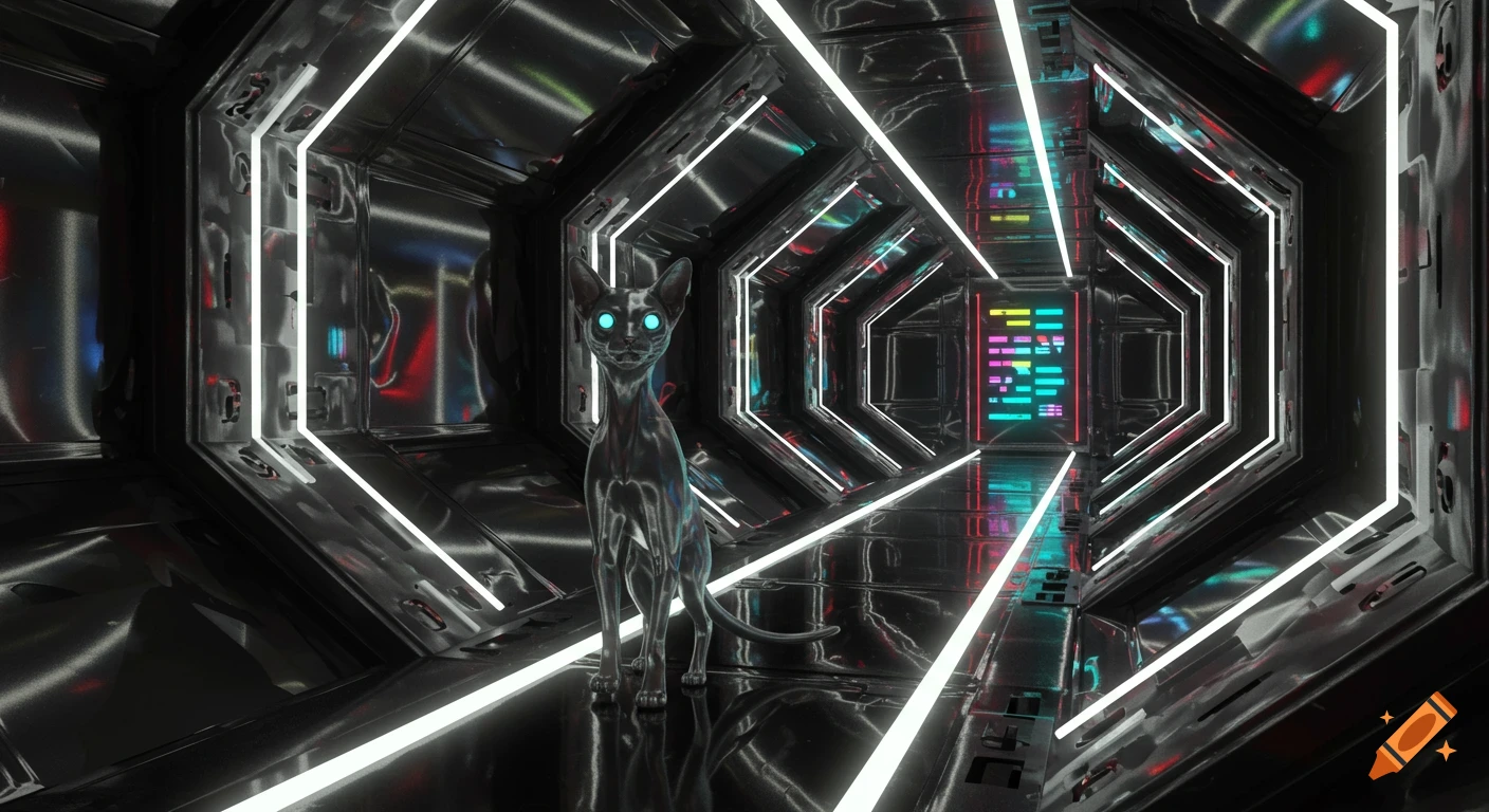 A sleek, metallic-silver cat with glowing blue eyes stands in a dark, reflective futuristic hallway with neon white and colored lights.