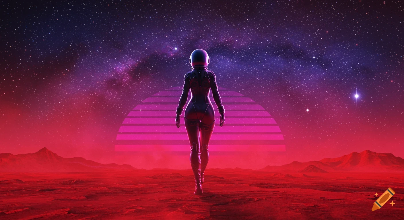 Female astronaut walks on a red alien planet under a starry purple sky with a glowing striped sun, synthwave art.