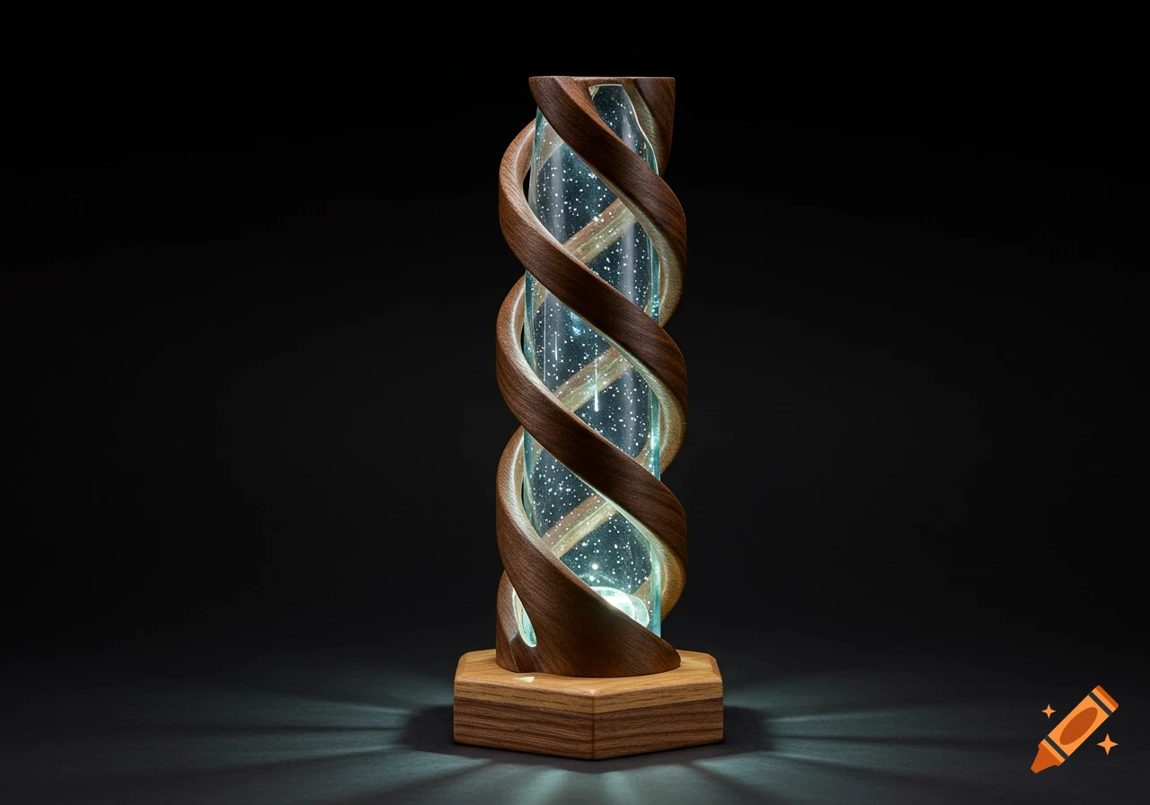 An elegant, tall wooden artifact with a twisted spiral design encasing a clear glass cylinder filled with sparkling lights, on a wooden base.