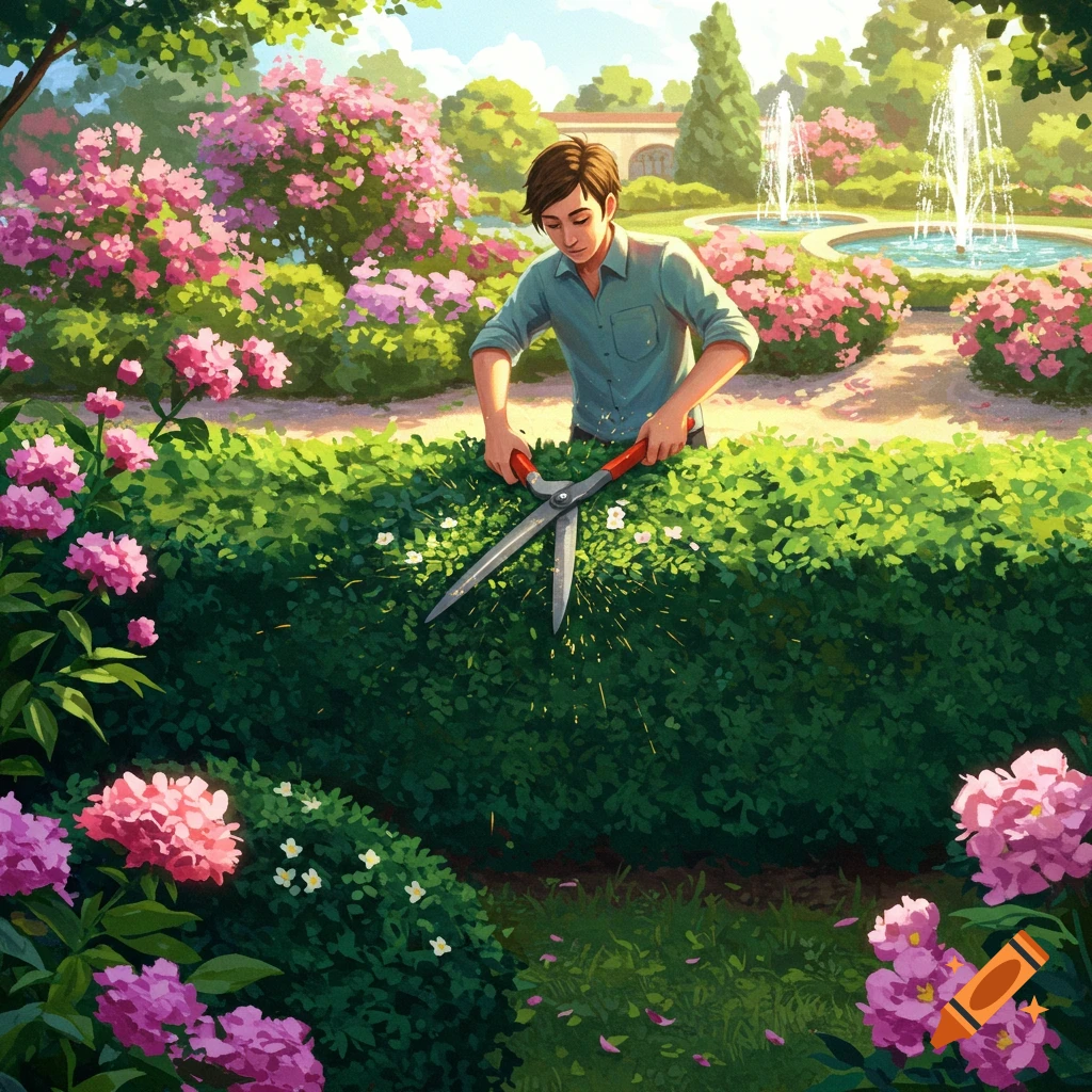 An illustrated young man trims a green hedge in a sunny, vibrant garden with pink flowers and fountains.