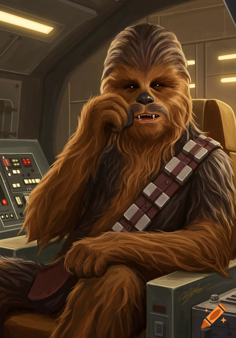 Detailed illustration of Chewbacca sitting in a spaceship cockpit, hand to his face as if grooming, in a sci-fi art style.