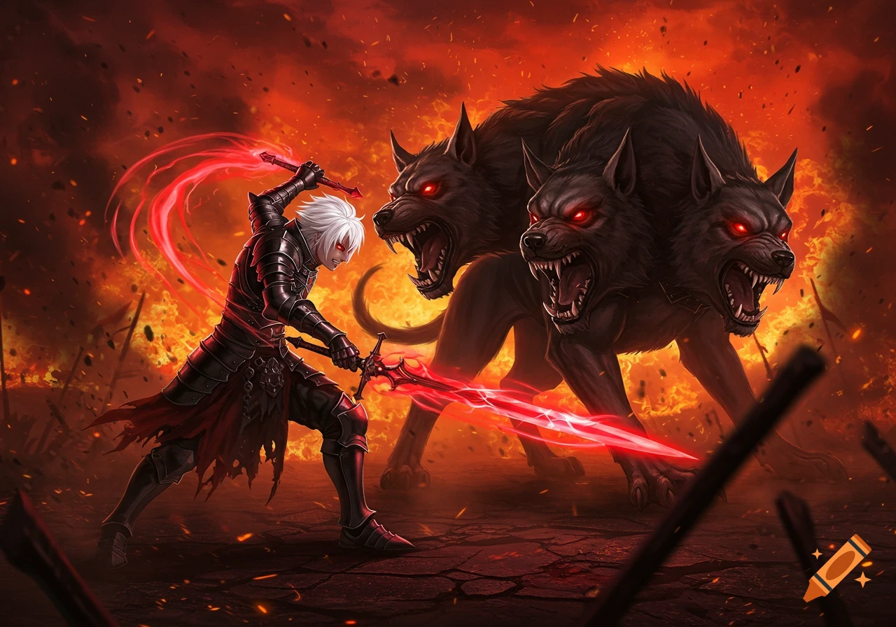 Anime man in black armor with a glowing red sword battles a three-headed Cerberus in a fiery landscape.