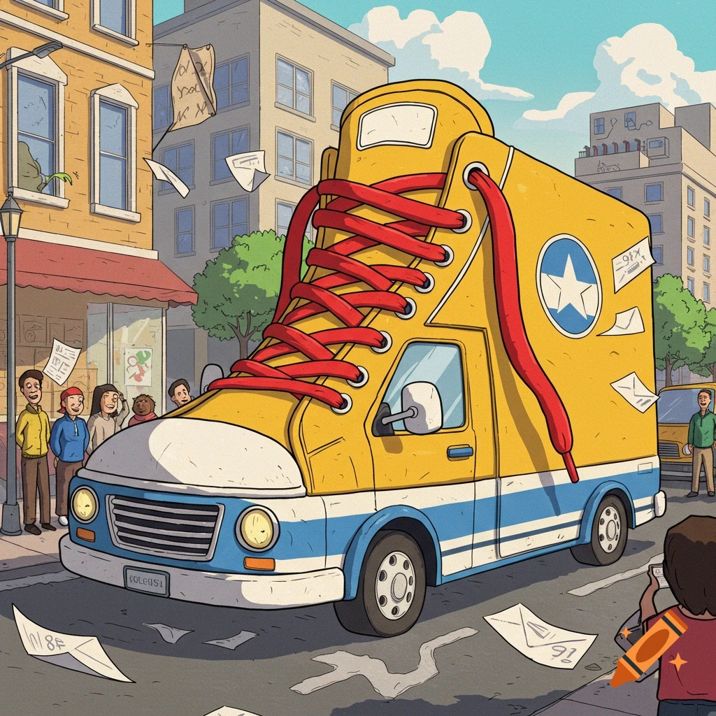 A cartoonish yellow and blue van shaped like a giant sneaker with red laces drives down a city street as people watch.