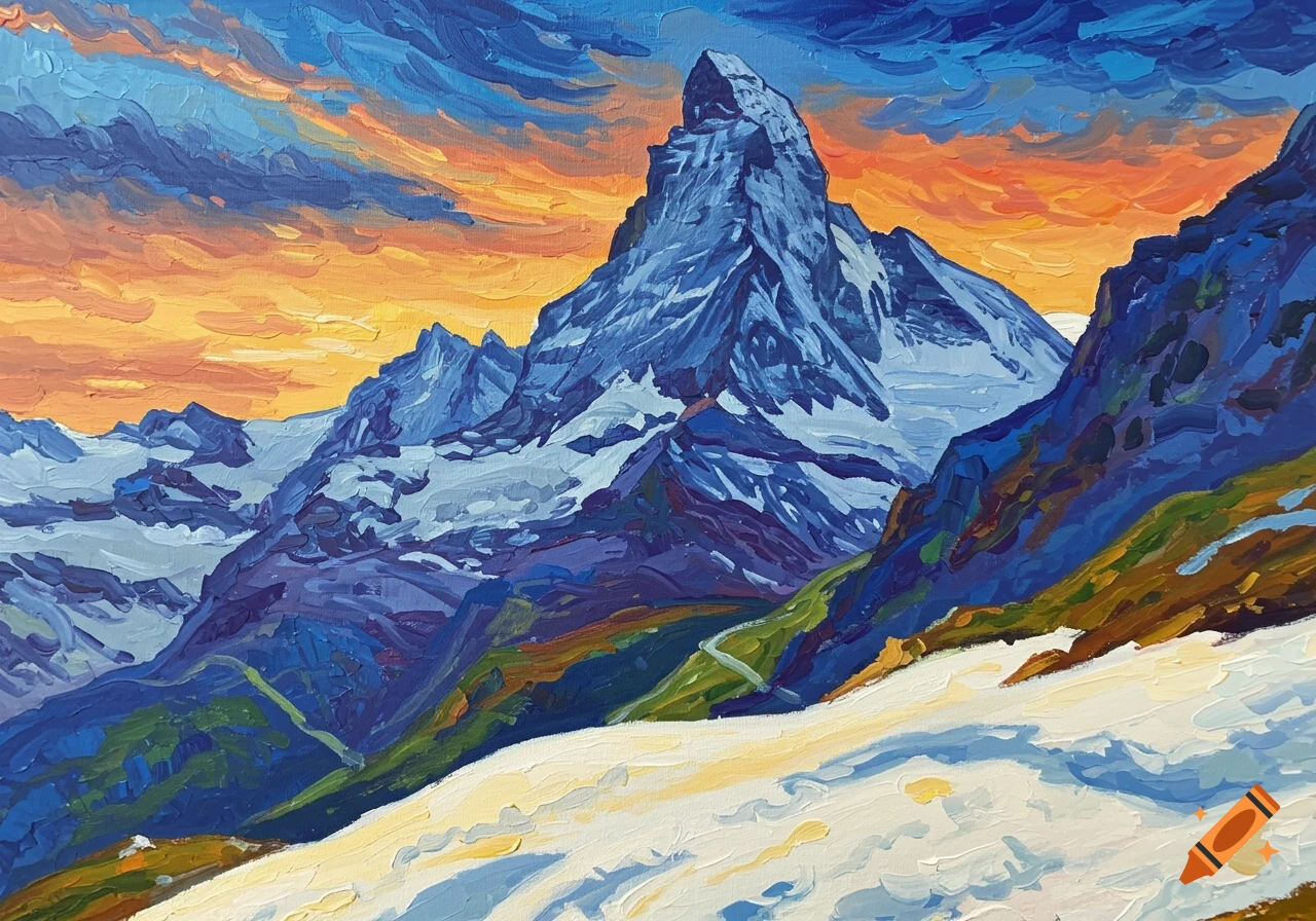 A vibrant fauvist painting depicts a majestic snowy mountain peak under an orange and blue sky, with smaller mountains and green hills in the foreground.