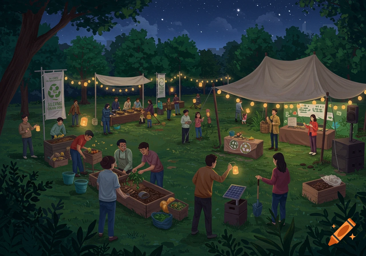 An illustration of a vibrant night-time community event in a park with people gardening, setting up stalls, and holding lanterns under string lights and a starry sky.