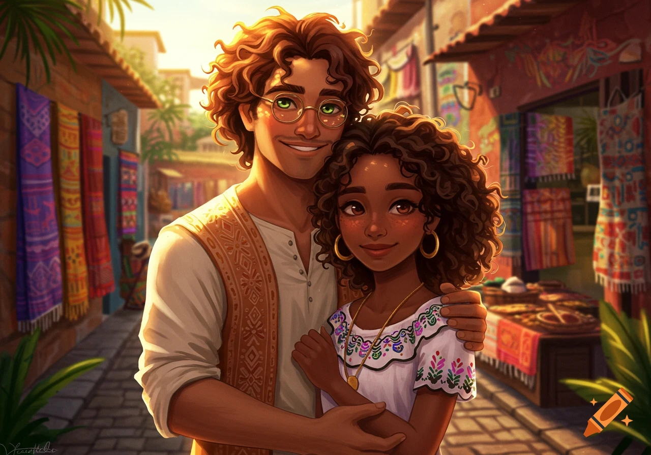 A smiling man with curly brown hair and glasses embraces a woman with dark curly hair in a vibrant, sunlit market street, digital illustration.