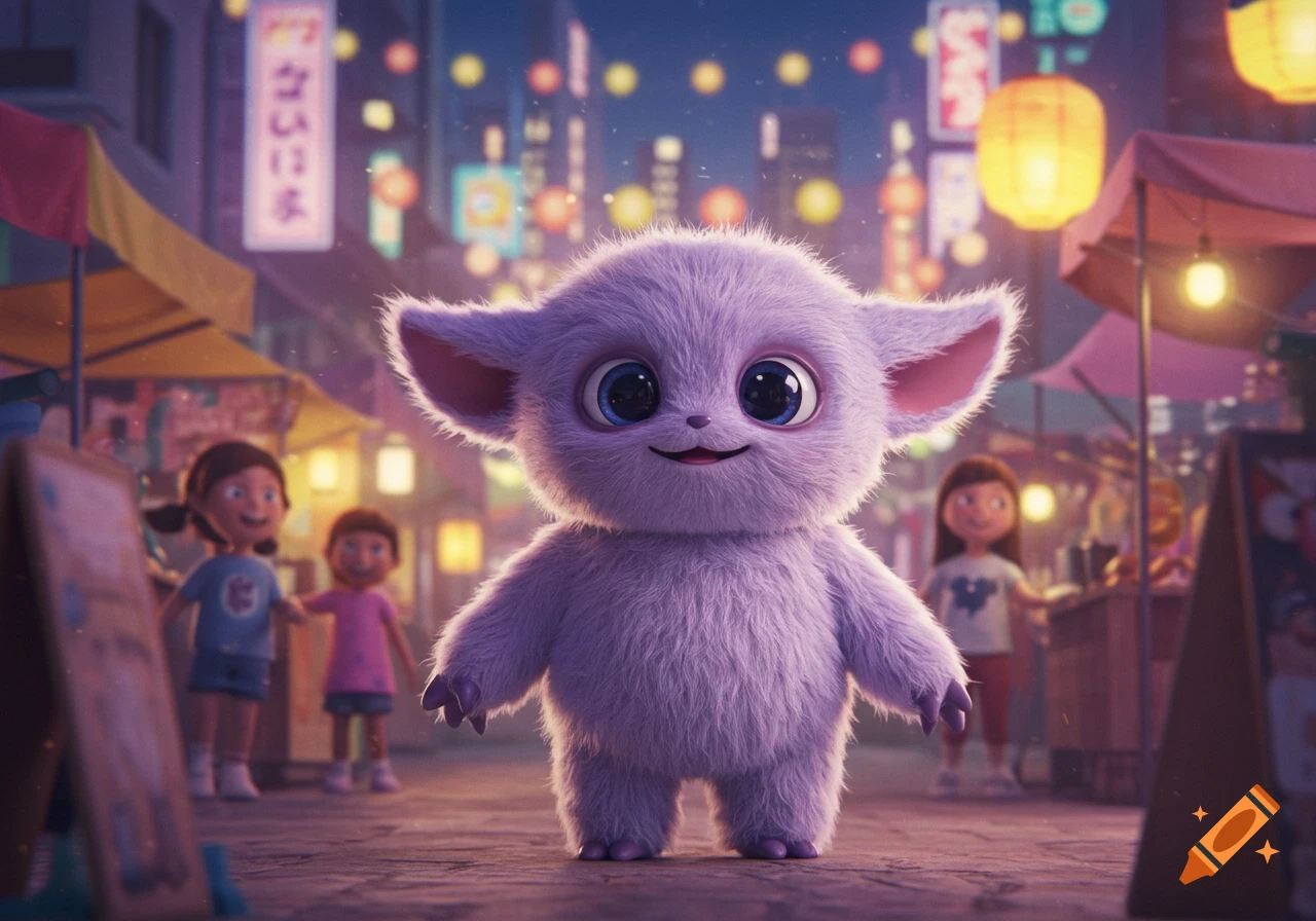 A fluffy purple creature with big eyes and a smile stands in a vibrant, illuminated night market scene with blurred children in the background.