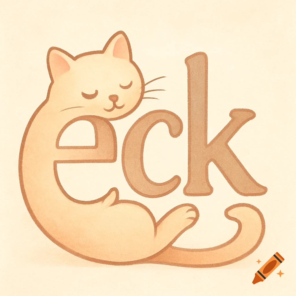 A cute, light brown cat forms the word 'eck' with its body and a separate K, in a soft, cartoon illustration style.