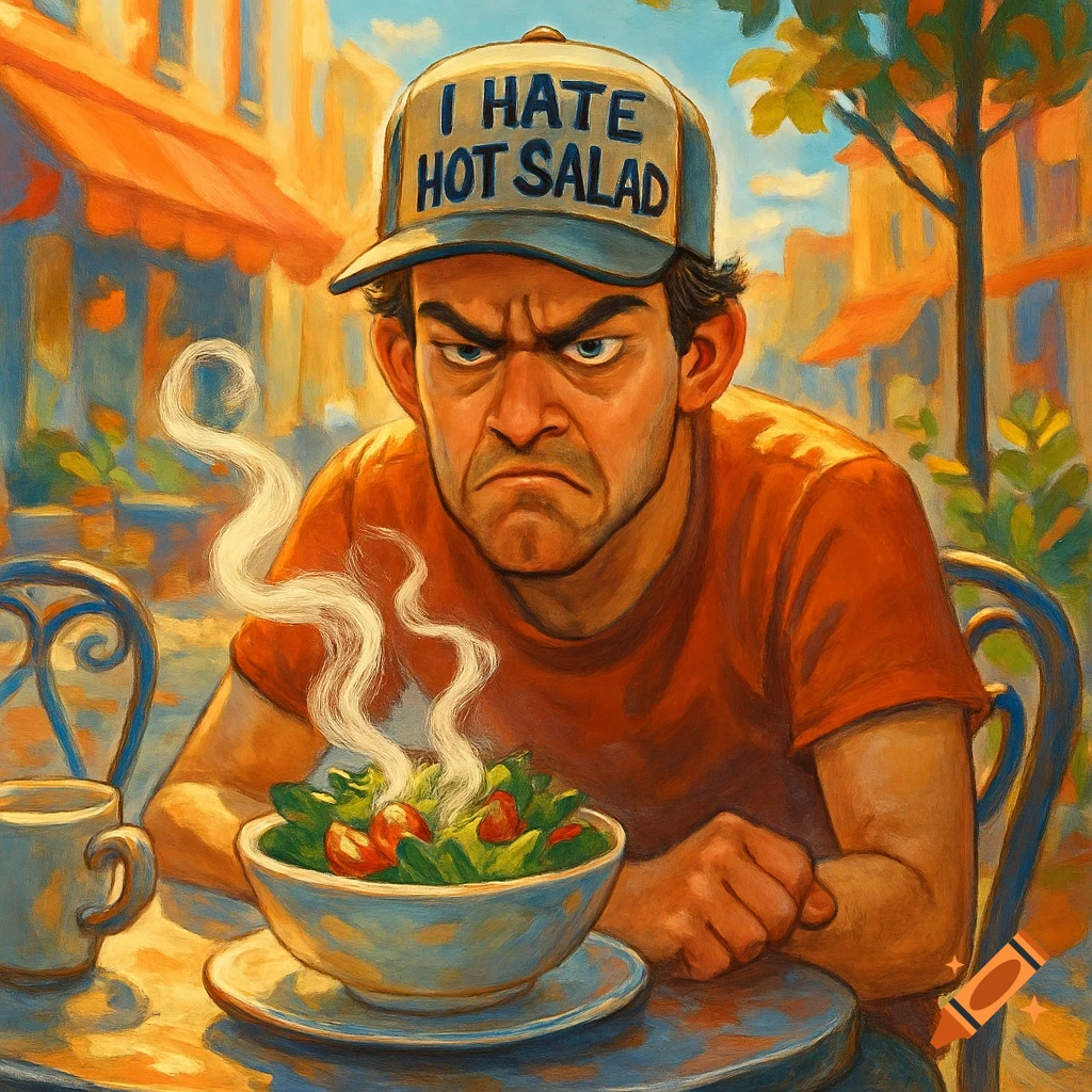 An angry man in a painterly style glares at a steaming bowl of salad. He wears a cap that says 'I HATE HOT SALAD'.