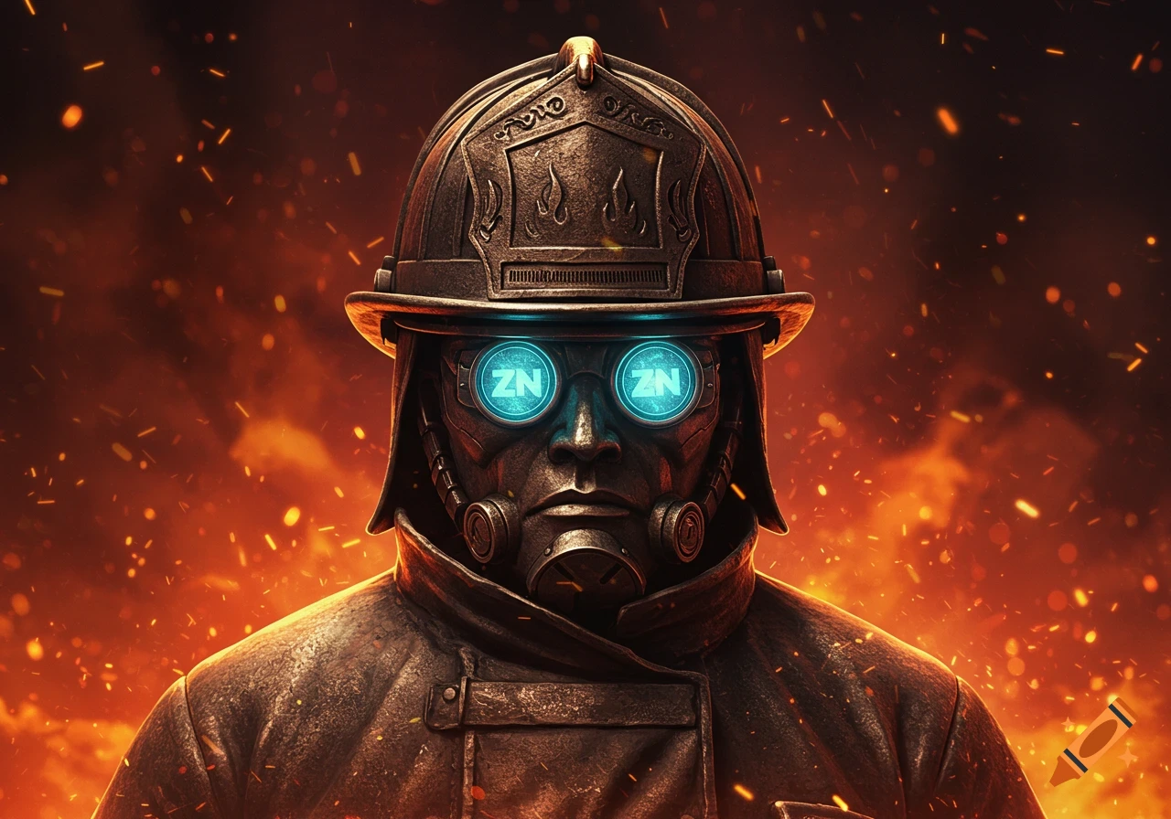 A stylized, close-up image of a metallic-armored firefighter with glowing blue eyes marked 'ZN' and a respirator, set against a fiery, smoke-filled background.