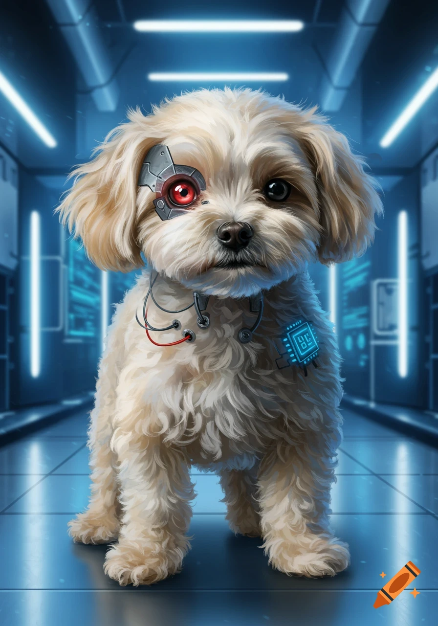 A fluffy white and beige Maltipoo dog with a red glowing cyborg eye and metallic implants stands in a futuristic blue-lit lab.