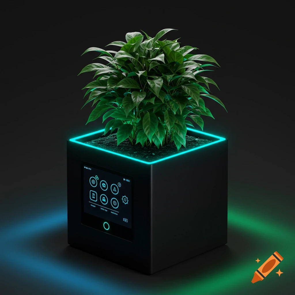 A square black smart plant pot with a green clusia rose plant, glowing blue LED strip, and a screen showing icons.