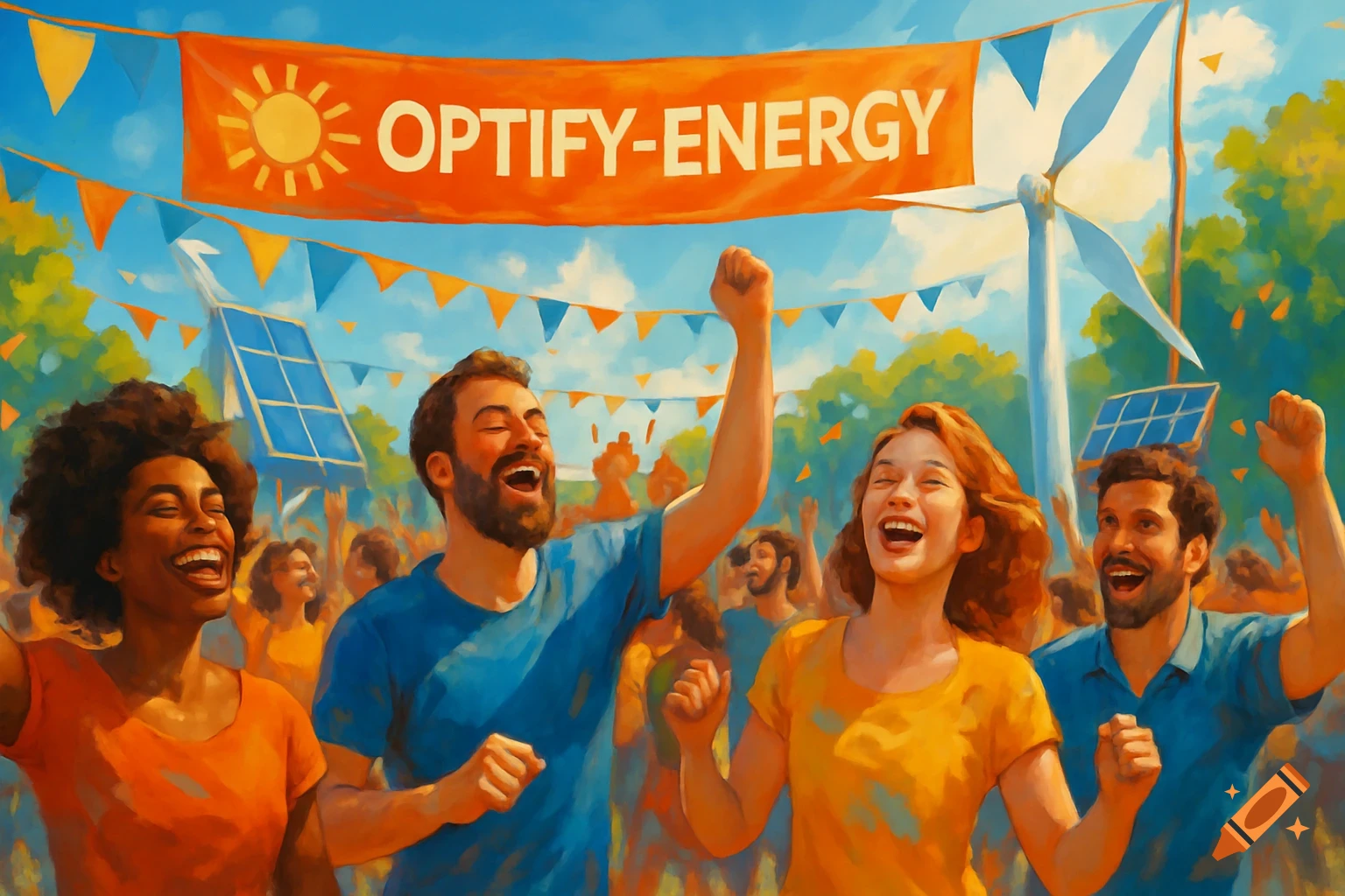 Joyful diverse crowd celebrates under an 'OPTIFY-ENERGY' banner with solar panels and a wind turbine, in a painterly style.