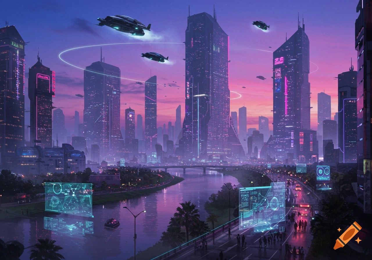 A vibrant futuristic city at dusk with towering skyscrapers, flying vehicles, and neon lights reflecting on a river, with holographic displays.