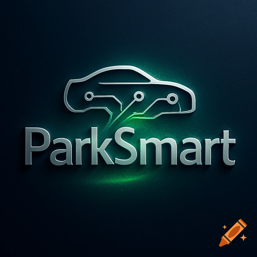 A silver metallic "ParkSmart" logo with a car outline and circuit board patterns glowing green on a dark background.