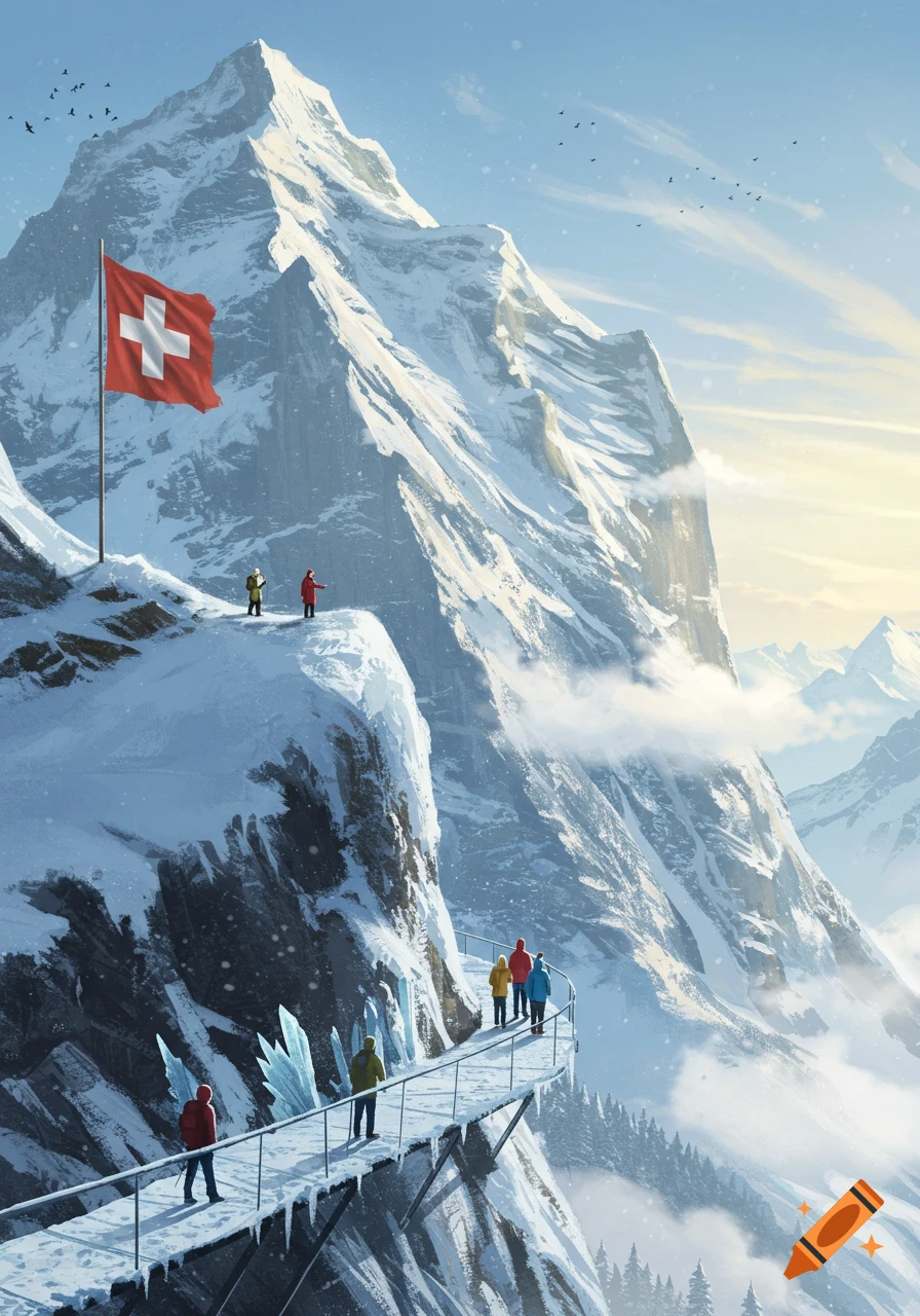 An illustration of a snowy mountain vista with people on a cliff walk. A large Swiss flag waves from a peak to the left.