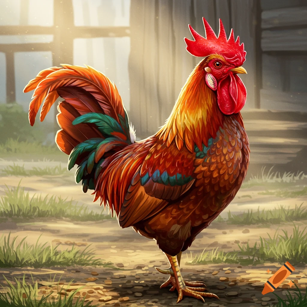 A vibrant, colorful rooster in an illustrative style stands in a sunny, grassy outdoor setting.
