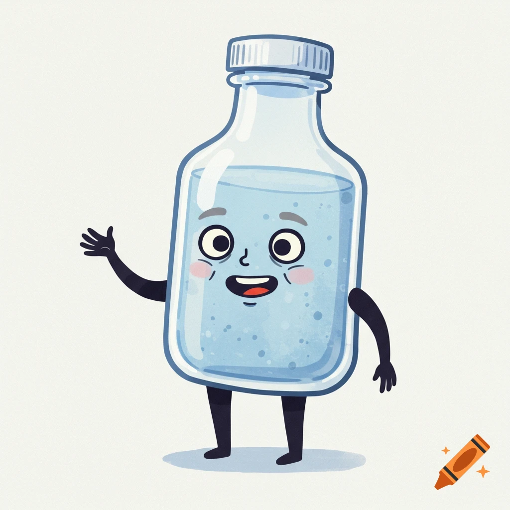 A friendly, light blue cartoon bottle character with a smiling face, big eyes, and black limbs waves hello in a watercolor and flat cartoon style.