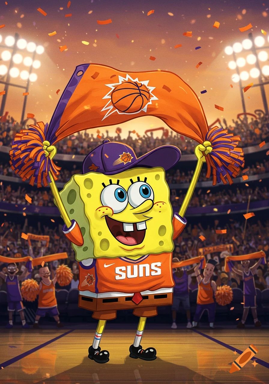 SpongeBob Squarepants as a Phoenix Suns fan, cheering in a packed basketball arena, holding a team flag and pom-poms.