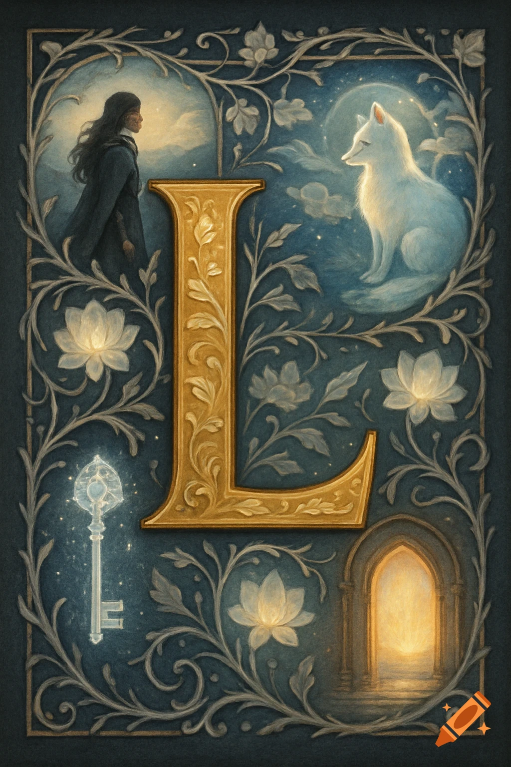 An ornate golden letter L at the center, surrounded by fantasy elements: a woman, white fox, crystal key, glowing archway, and floral motifs.