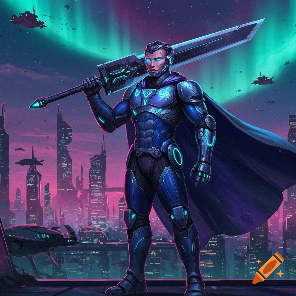 A male sci-fi warrior in blue glowing armor stands in a futuristic city under a neon green aurora, holding a massive sword on his shoulder.