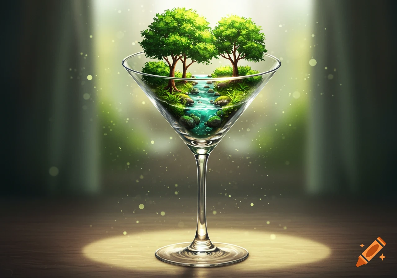 A miniature forest scene with two green trees, a winding stream, and rocks, all contained within a clear martini glass on a spotlighted wooden surface.
