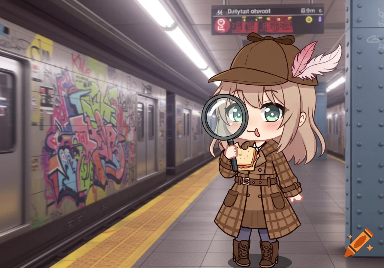 A Gacha Life style anime girl dressed as a detective, holding a magnifying glass and a sandwich, stands on a subway platform with graffiti-covered trains.