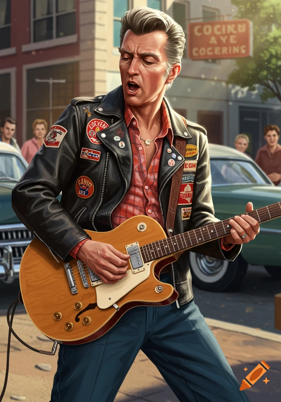 A man with gray hair, wearing a leather jacket and plaid shirt, plays an electric guitar outdoors in a rockabilly style illustration.
