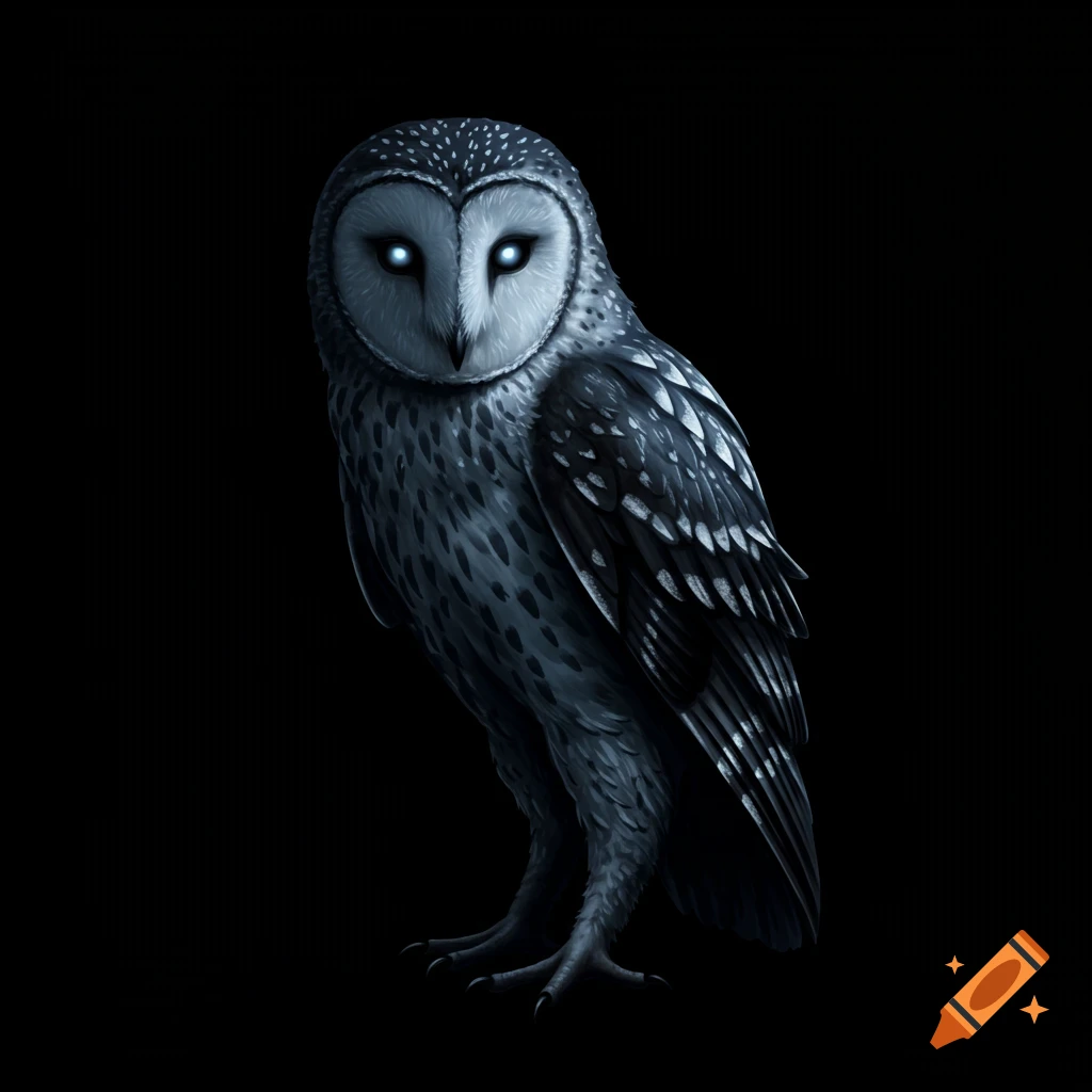 A stylized barn owl with bright glowing white eyes stands on two legs against a solid black background.