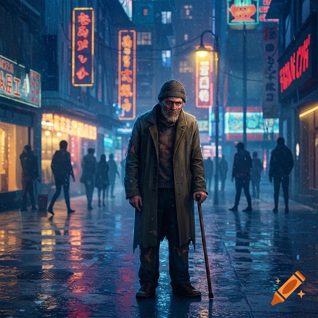 A grizzled man in a tattered coat stands in a rainy, neon-lit city street at night, holding a walking stick.