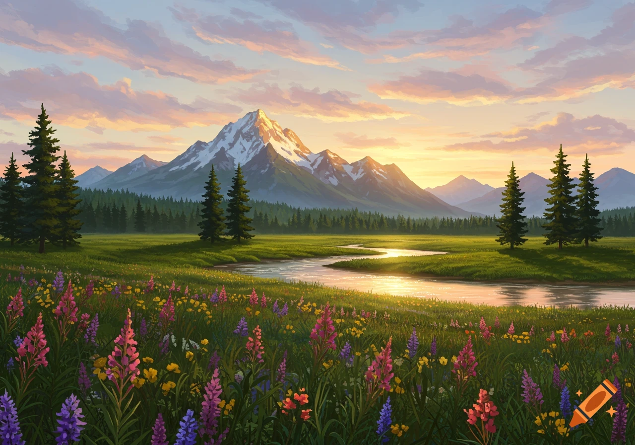 Vibrant illustrative landscape at sunset with snow-capped mountains, a winding river, forest, and colorful wildflowers.