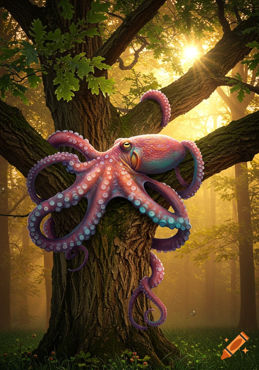 A vibrant, colorful octopus with large suckers clings to the trunk of a mossy tree in a sunlit forest, with glowing rays of light.